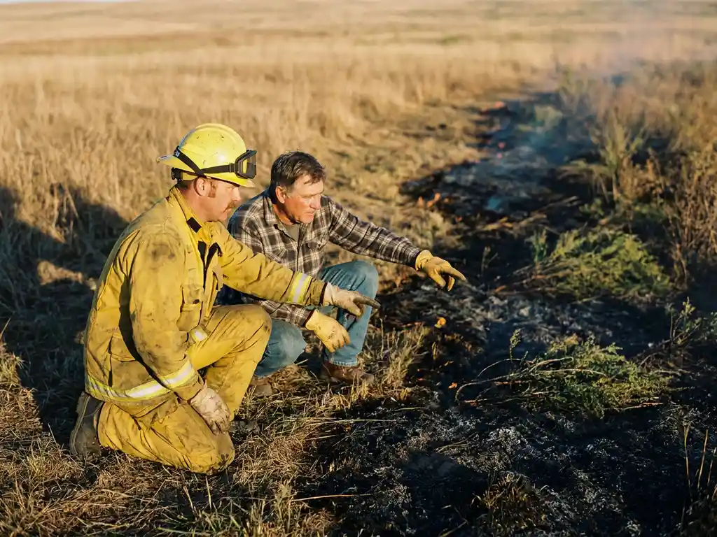 Firefighter and community member kneeling together at a controlled burn line in dry grassland, studying scorched earth in golden afternoon light.