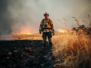 Firefighter in protective gear igniting a controlled firebreak along a dry golden meadow, charred earth beside tall amber grass, smoky orange horizon.