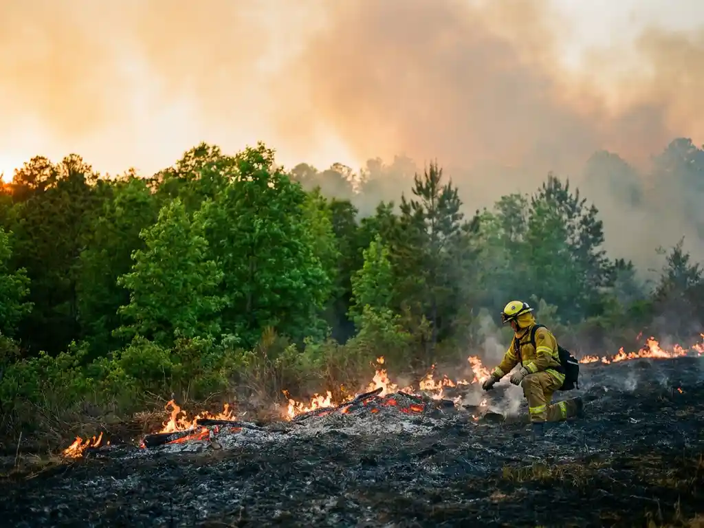 Firefighter in protective gear kneeling at a controlled burn's edge, amber flames contrast with preserved green forest under a golden-hour sky.