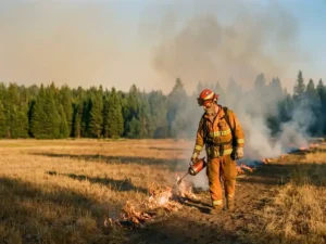 Firefighter in protective gear conducting a controlled burn across a golden meadow, flames contained along a firebreak with lush forest preserved behind.