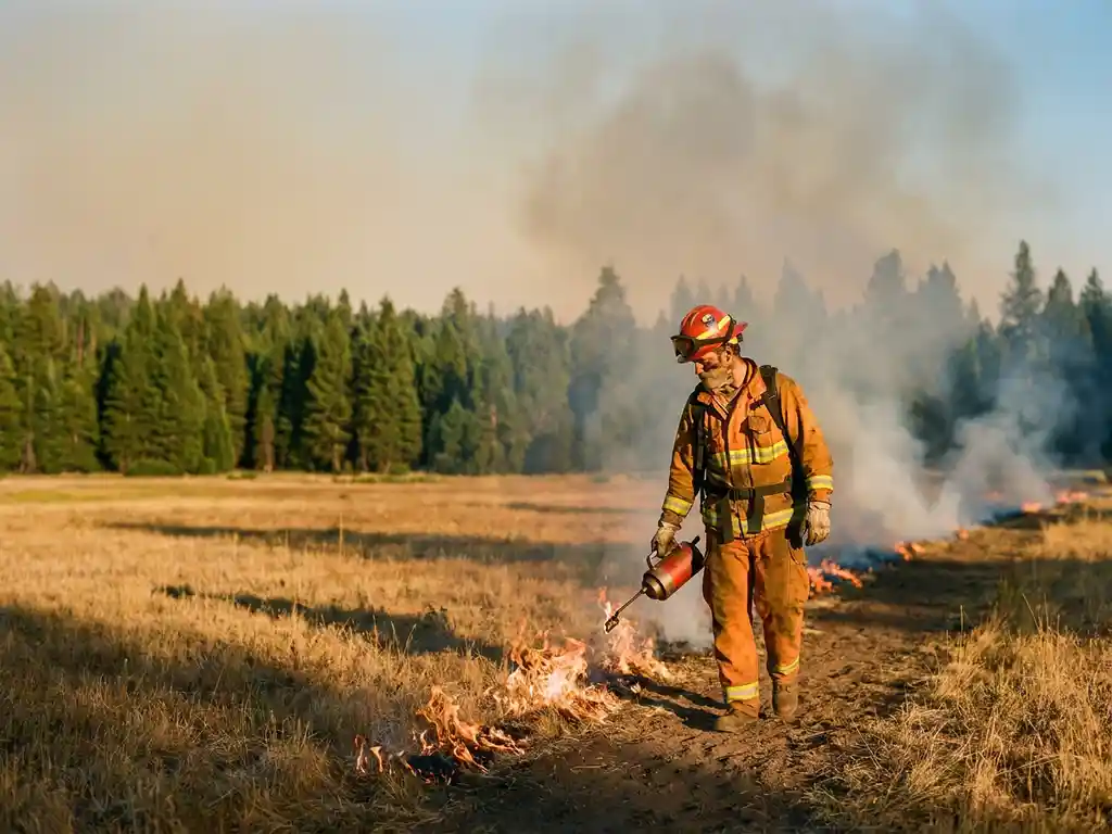 Firefighter in protective gear conducting a controlled burn across a golden meadow, flames contained along a firebreak with lush forest preserved behind.