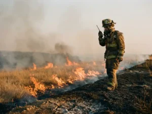 Firefighter in full protective gear holding a radio at the edge of a controlled burn, with low flames sweeping across dry golden grassland under a smoke-hazed sky.
