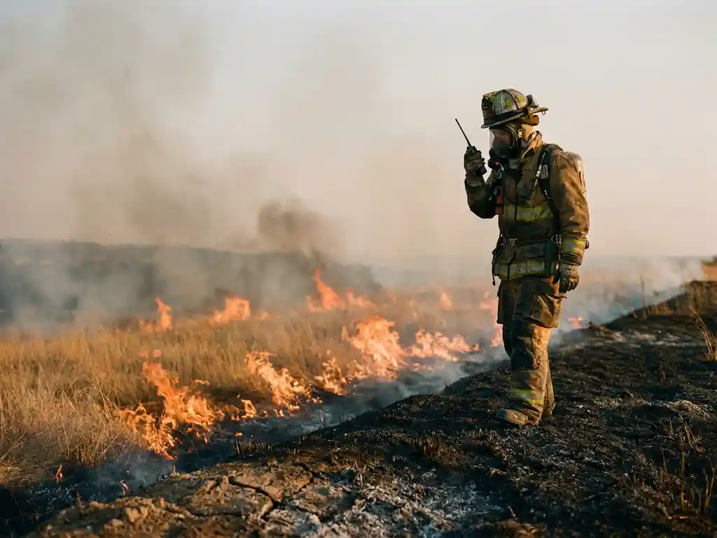 Firefighter in full protective gear holding a radio at the edge of a controlled burn, with low flames sweeping across dry golden grassland under a smoke-hazed sky.