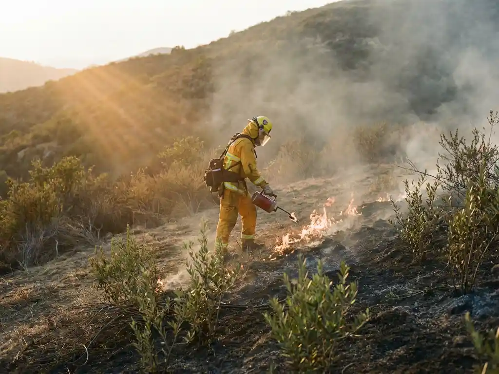 Firefighter in protective gear conducting a controlled burn on a dry hillside, with low flames and new green shoots emerging at the charred edge.