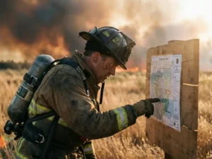 Firefighter in full protective gear reviewing a laminated evacuation route map during a wildfire, amber smoke-filled sky and dry golden grass behind them.