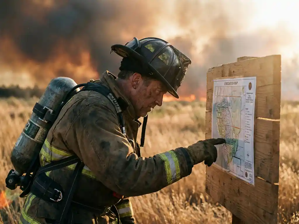 Firefighter in full protective gear reviewing a laminated evacuation route map during a wildfire, amber smoke-filled sky and dry golden grass behind them.