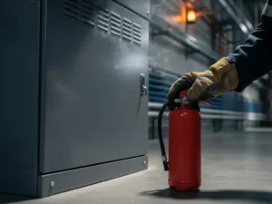 Firefighter's gloved hand placing a small fire extinguisher beside a smoking electrical cabinet in an industrial facility.