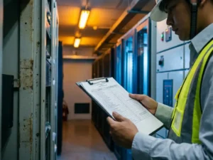 Safety engineer reviewing fire management document on clipboard inside industrial facility with server racks and electrical switchgear in background.