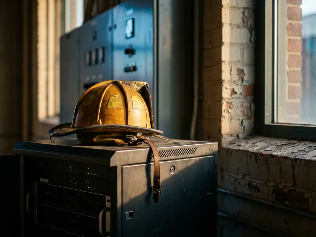 Firefighter's yellow helmet resting on a modern server rack beside a weathered brick windowsill, with an industrial electrical cabinet in the background.