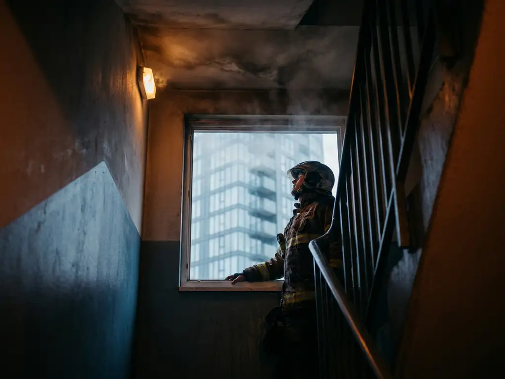 Firefighter in full protective gear surveying a smoke-filled high-rise stairwell, amber emergency lighting casting dramatic shadows on steel and glass.