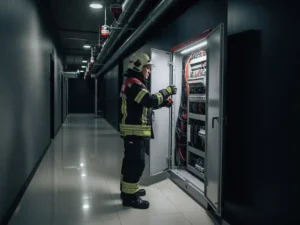 Firefighter in full protective gear inspecting an electrical cabinet in a modern building corridor with nitrogen suppression nozzles overhead.