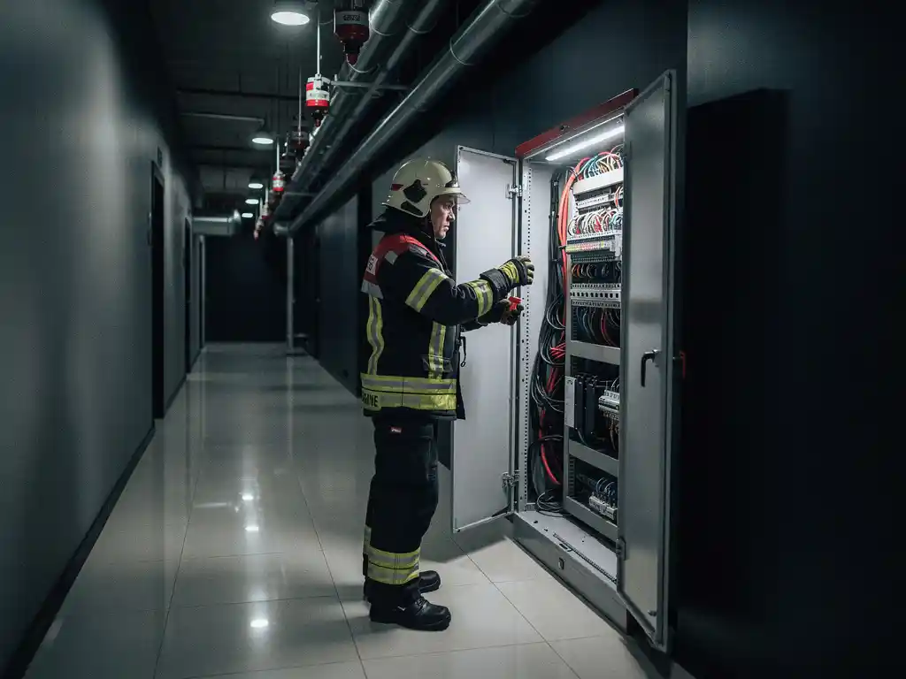 Firefighter in full protective gear inspecting an electrical cabinet in a modern building corridor with nitrogen suppression nozzles overhead.