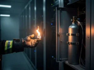 Firefighter's gloved hand holding a controlled flame beside an open server cabinet with a mounted nitrogen canister inside a dimly lit server room.