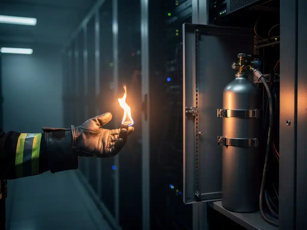 Firefighter's gloved hand holding a controlled flame beside an open server cabinet with a mounted nitrogen canister inside a dimly lit server room.