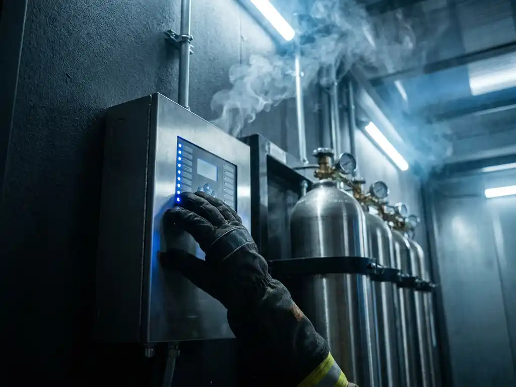 Firefighter's gloved hand on a server room fire suppression control panel, with nitrogen gas canisters and white suppression gas dissipating nearby.