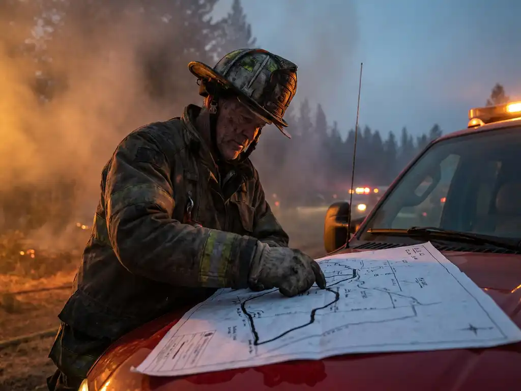 Firefighter in full gear studying a tactical map on a red fire engine hood at dusk, amber smoke filling the air.