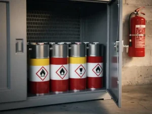 Labeled metal safety cans storing flammable liquids in a ventilated steel cabinet, fire extinguisher mounted on concrete garage wall behind.