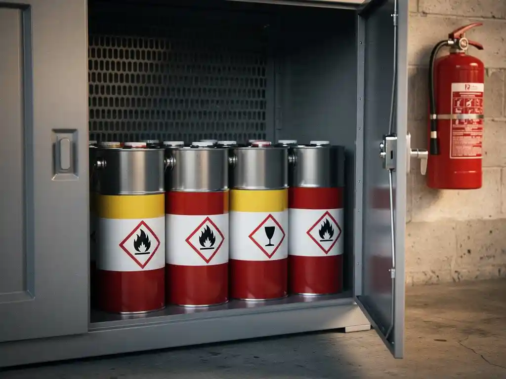 Labeled metal safety cans storing flammable liquids in a ventilated steel cabinet, fire extinguisher mounted on concrete garage wall behind.