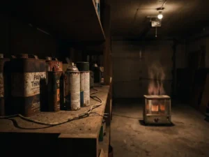 Flammable household liquids including paint thinner and aerosol cans stored near a frayed cord and space heater on a dim garage shelf.