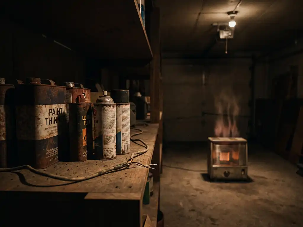 Flammable household liquids including paint thinner and aerosol cans stored near a frayed cord and space heater on a dim garage shelf.