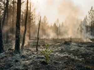 Green sapling sprouting from charred ground in a burned forest, blackened trunks and ash stretching toward a smoke-filled horizon.
