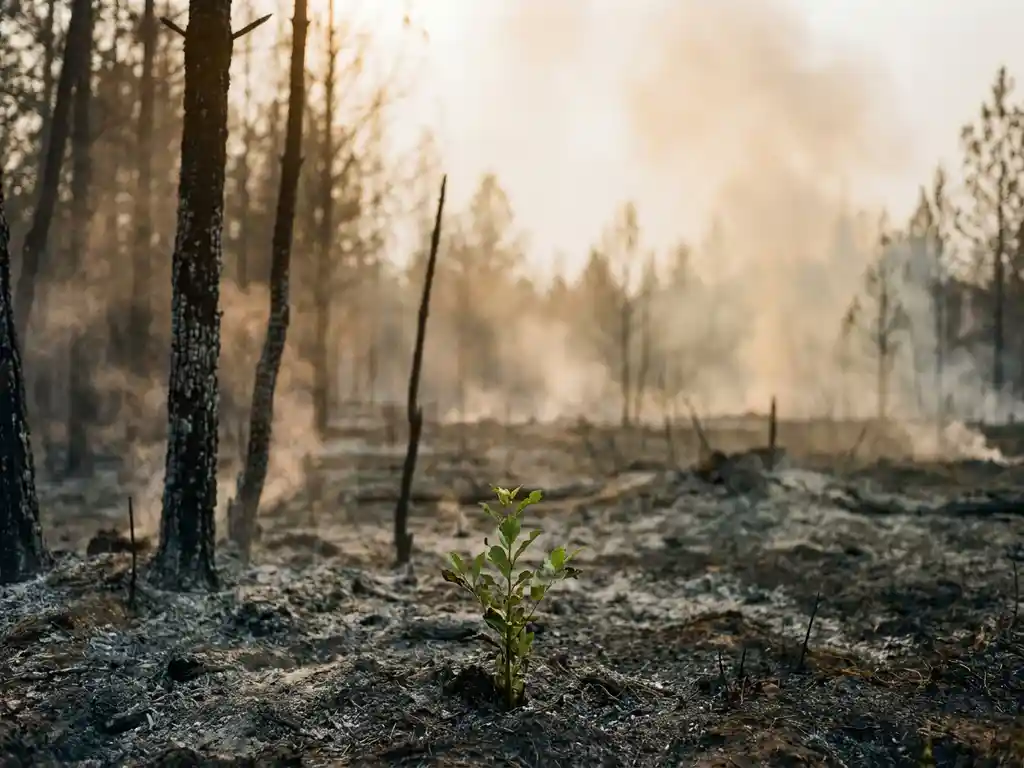 Green sapling sprouting from charred ground in a burned forest, blackened trunks and ash stretching toward a smoke-filled horizon.