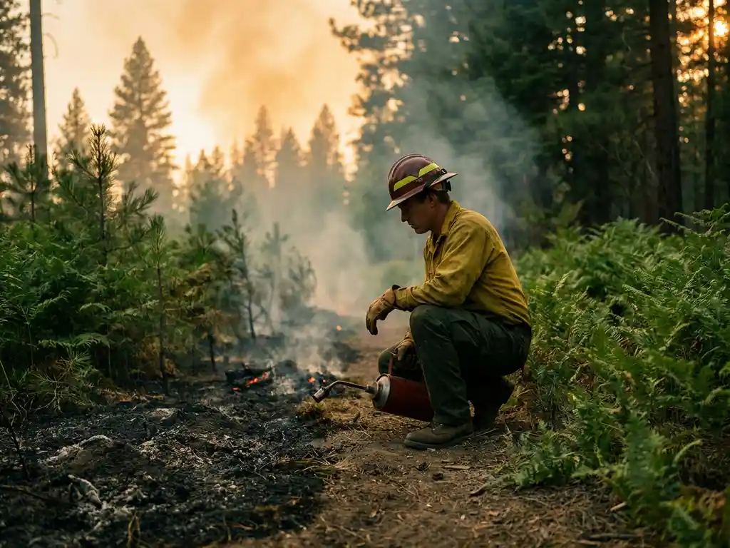 Forest ranger in protective gear crouching beside a controlled burn line, charred earth meeting pine forest undergrowth, smoke rising into golden late-afternoon sky.