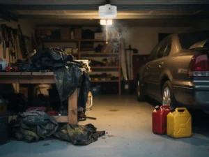 Garage smoke detector alerting to early smoke near oily rags and gasoline cans beside a parked car.