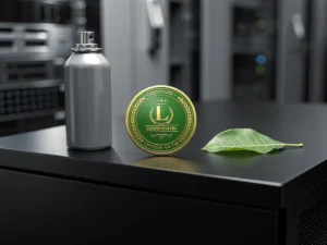 Green certification medallion on a black server cabinet beside a nitrogen canister and fresh leaf, symbolizing eco-friendly data center standards.