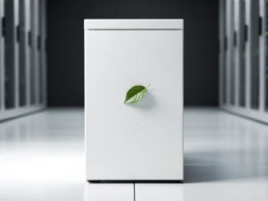White server cabinet in a data center with a green leaf resting on its surface, highlighting nitrogen-cooled clean energy infrastructure.