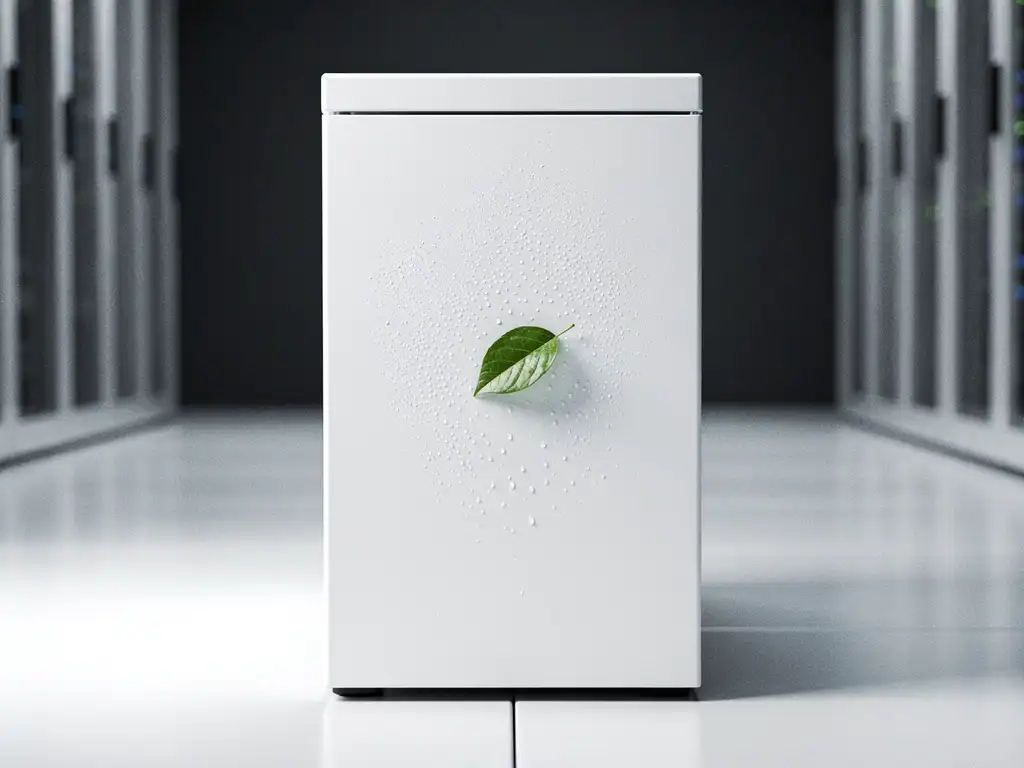 White server cabinet in a data center with a green leaf resting on its surface, highlighting nitrogen-cooled clean energy infrastructure.