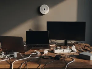 Smoke detector mounted above a cluttered home office desk with overloaded power strips and tangled cables beneath a laptop and monitor.