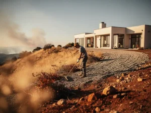 Homeowner clearing dry brush and dead leaves around a hillside house, with a bare gravel defensible space zone and smoke haze on the horizon.