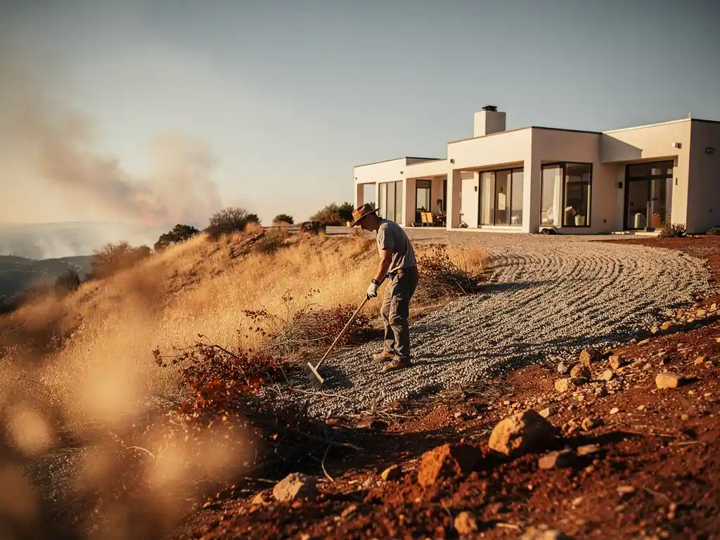 Homeowner clearing dry brush and dead leaves around a hillside house, with a bare gravel defensible space zone and smoke haze on the horizon.