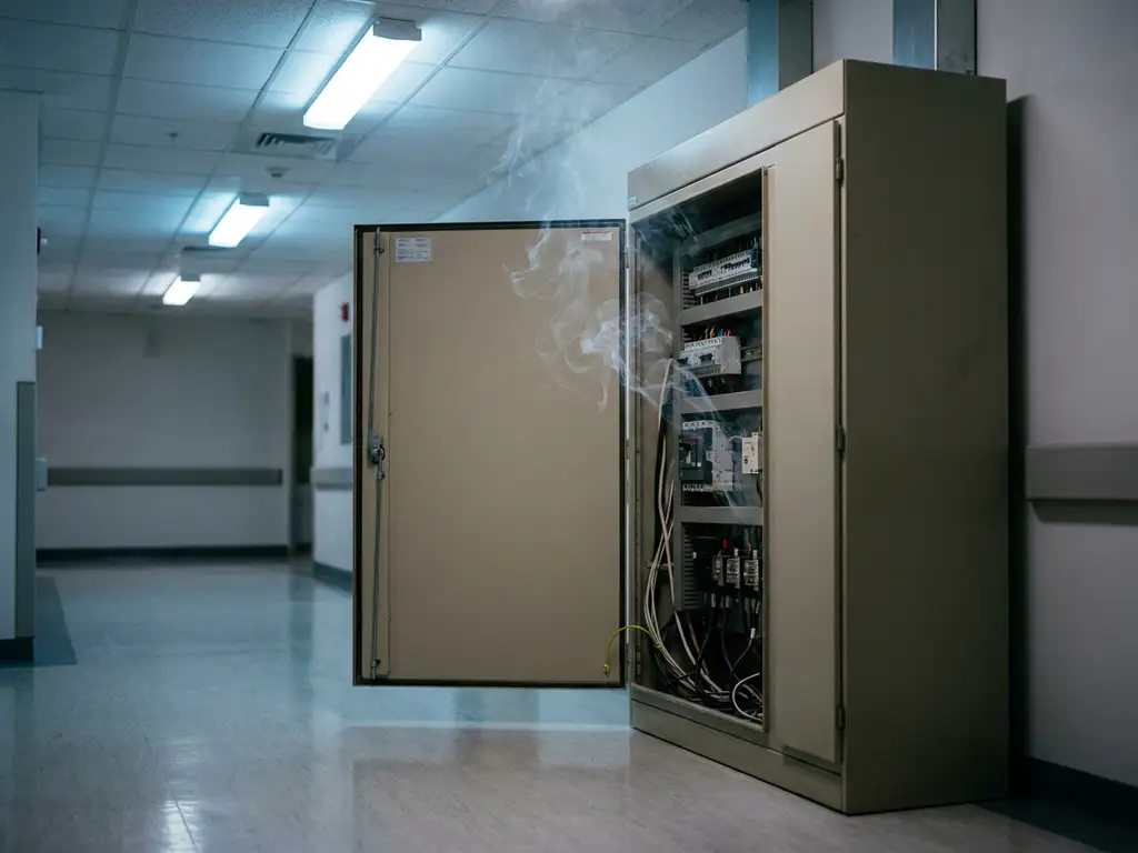 Hospital electrical switchgear cabinet ajar in a clinical corridor, smoke curling from internal wiring under fluorescent lighting.