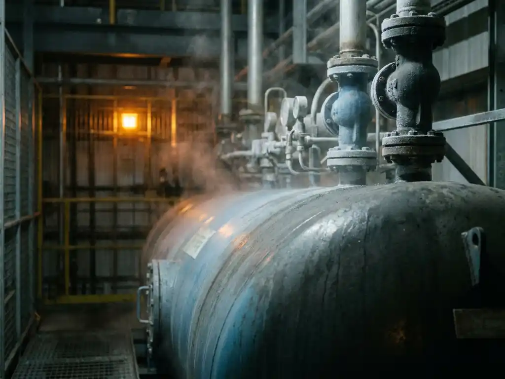 Pressurized hydrogen storage tank in an industrial energy facility with valve fittings, steel-blue tones, and ambient amber lighting.