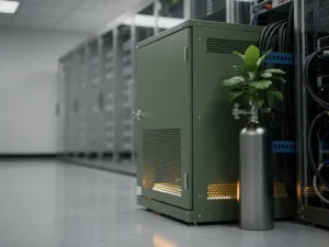 Industrial electrical cabinet in a server room with a small green plant growing from a nitrogen canister, lit by soft overhead and warm vent accent lighting.