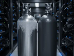 Two industrial gas cylinders with frost condensation in a dimly lit server room, blue LED light reflecting off polished metal surfaces.