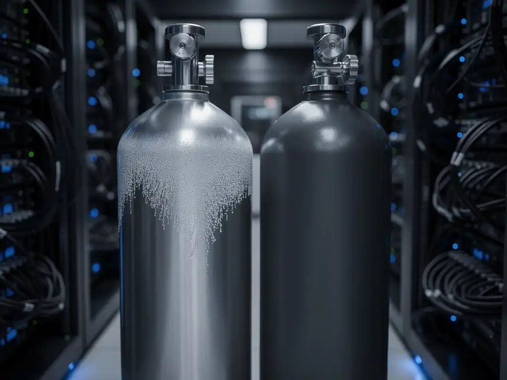 Two industrial gas cylinders with frost condensation in a dimly lit server room, blue LED light reflecting off polished metal surfaces.