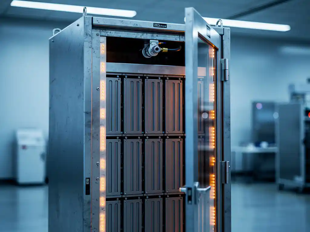 Industrial lithium-ion battery cabinet open to reveal dense cell stacks, fire suppression nozzle, and amber warning indicator lights.