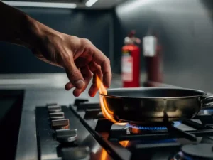 Hand hovering over a gas stove burner with a small orange flame on a pan, fire extinguisher visible in the background.