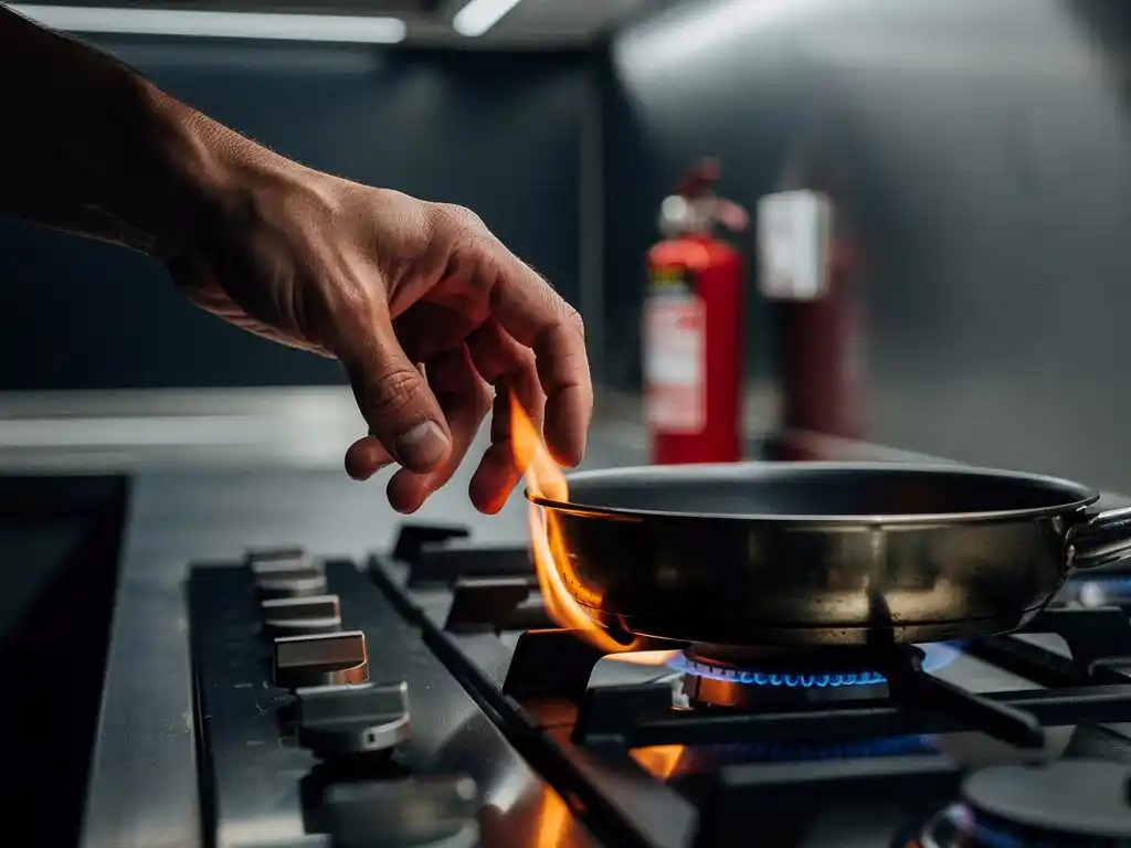Hand hovering over a gas stove burner with a small orange flame on a pan, fire extinguisher visible in the background.