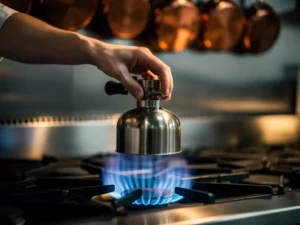 Chef positioning fire suppression nozzle above commercial gas range with blue flames, stainless steel kitchen and copper pots in background.