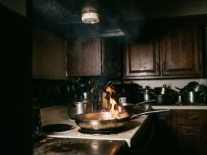 Kitchen stovetop grease fire with orange flames rising from an unattended pan, smoke detector visible on ceiling above.