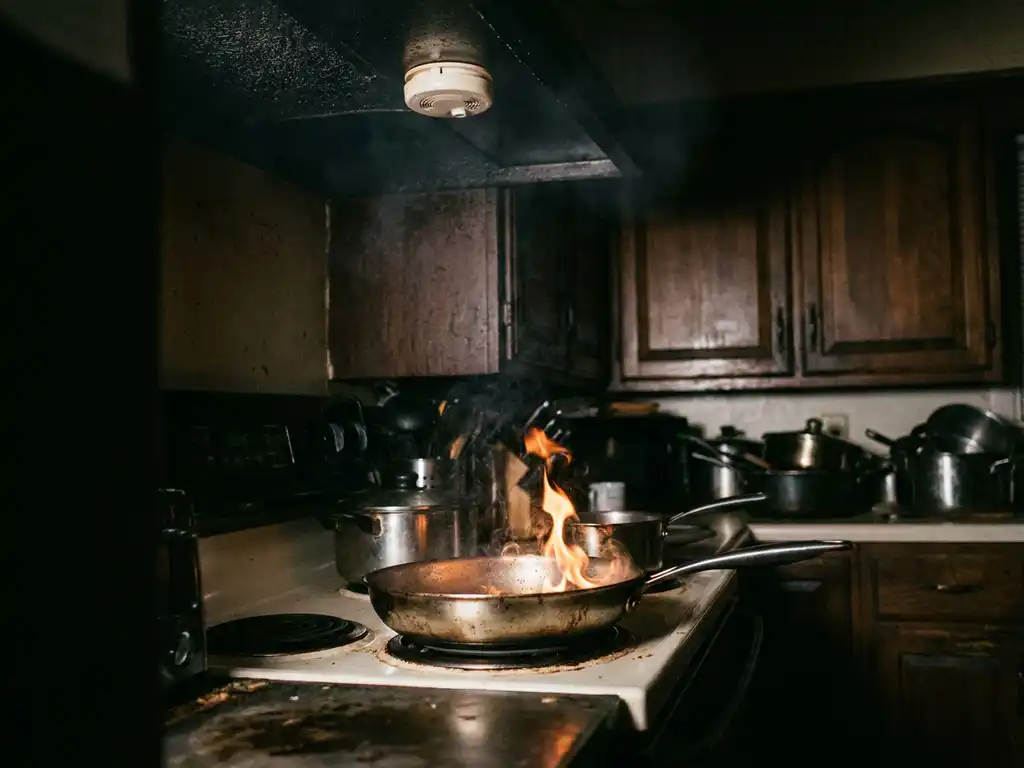 Kitchen stovetop grease fire with orange flames rising from an unattended pan, smoke detector visible on ceiling above.