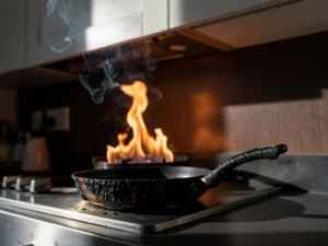 Grease fire on a stovetop burner near kitchen cabinet, smoke rising toward ceiling with charred pan handle in foreground.