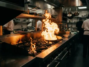 Grease fire erupting from a commercial kitchen burner, orange flames rising against stainless steel surfaces in a professional chef's kitchen.