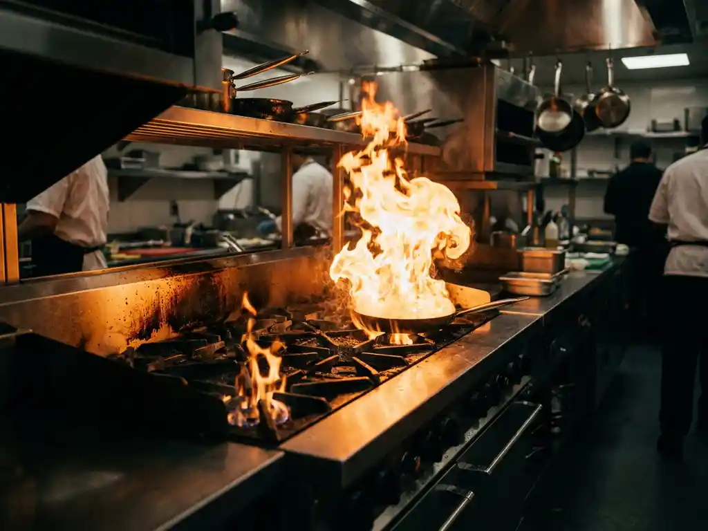 Grease fire erupting from a commercial kitchen burner, orange flames rising against stainless steel surfaces in a professional chef's kitchen.
