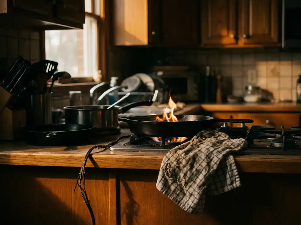 Grease fire flickering in a stovetop pan beside a frayed electrical cord and dish towel dangerously close to the flame.