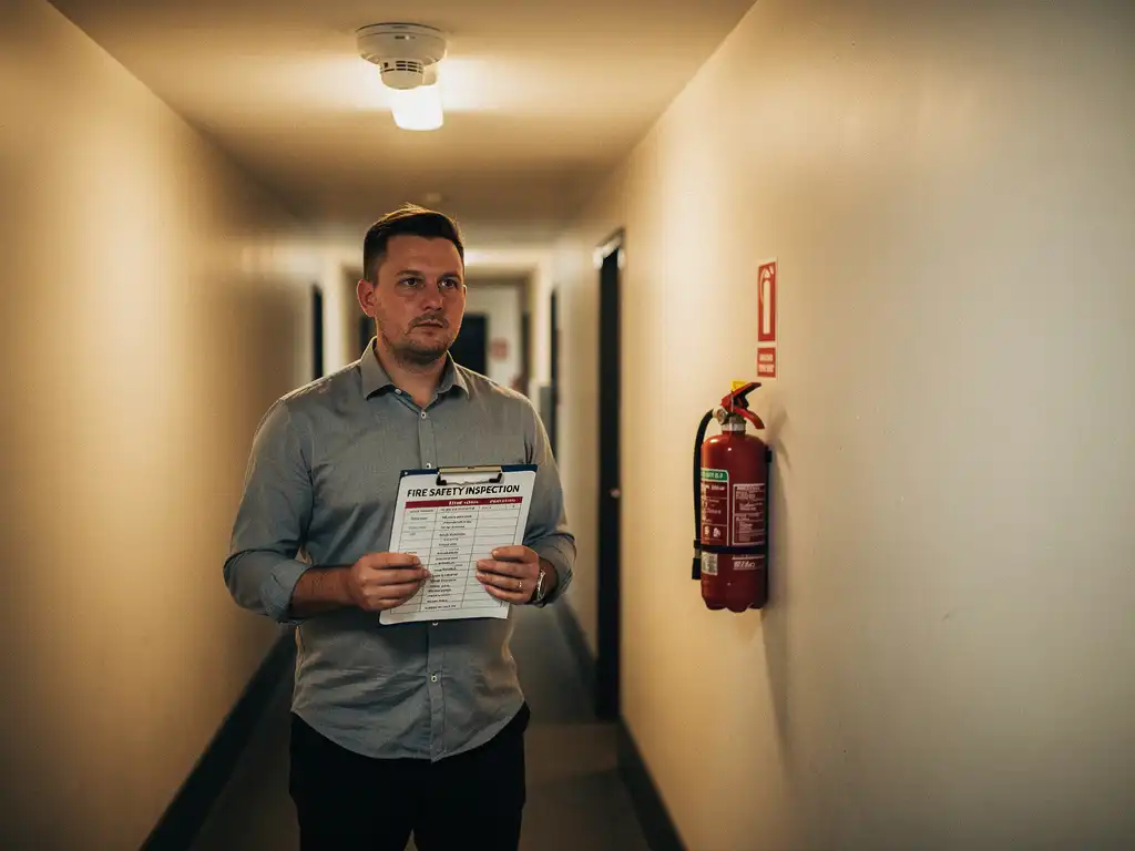 Landlord reviewing fire safety inspection checklist in residential hallway with smoke detector and fire extinguisher mounted on wall.